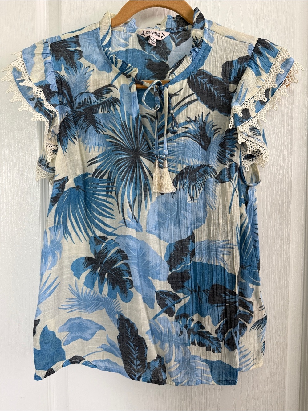 Nanette Lepore Blue Cream Floral Tie-Neck Top